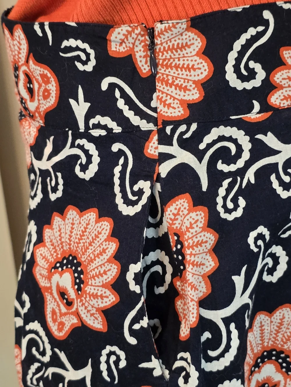 Talbots Floral A-Line Skirt Navy Orange White Cotton Preppy Feminine Midi Flowy